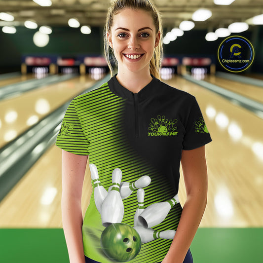 Custom Black And Green Bowling Quarter-Zip Shirts For Women, Green Bowling Jerseys IPHW9400