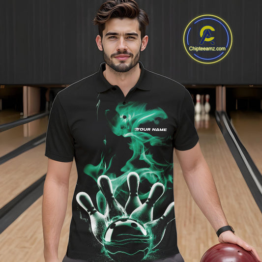 Custom Green Smoke Bowling Polo Team Shirts For Men, Flame Bowling League Shirt IPHW9566