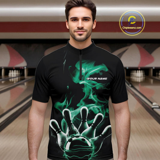 Custom Green Smoke Bowling Quarter-Zip Team Shirts For Men, Flame Bowling League Shirt IPHW9566