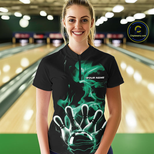 Custom Green Smoke Bowling Quarter-Zip Team Shirts For Women, Flame Bowling League Shirt IPHW9566