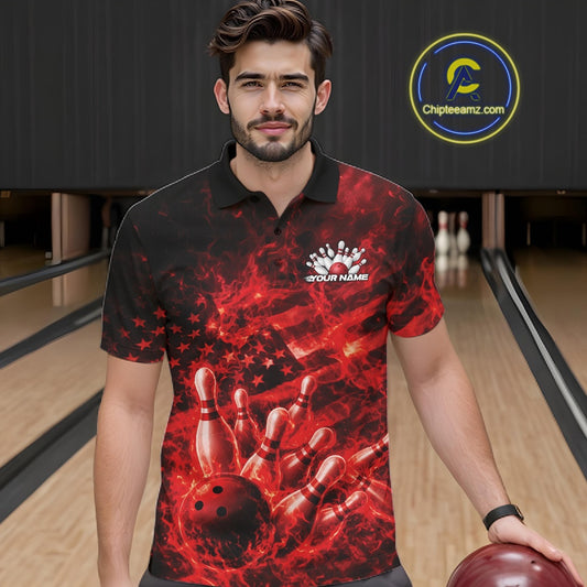 Male model wearing a black and red bowling polo at the bowling lane with fiery bowling strike graphics.