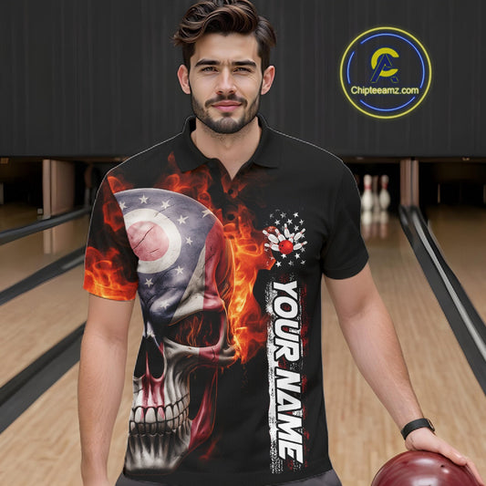 Custom Flame Skull American Ohio Flag Men Bowling Team Shirt, Patriotic Bowling Jersey IPHW10637