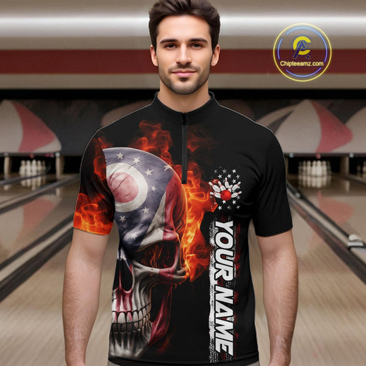 Custom Flame Skull American Ohio Flag Men Bowling Team Shirt, Patriotic Bowling Jersey IPHW10637