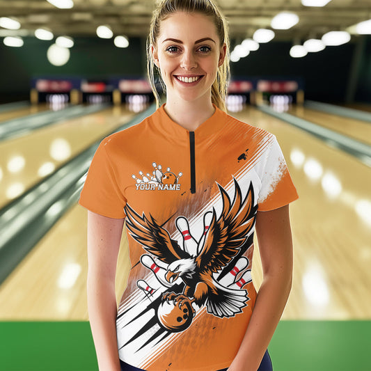 Custom Orange Bowling Jerseys, Eagle Bowling Women Quarter-Zip Shirts Team Bowlers Uniform IPHW8787