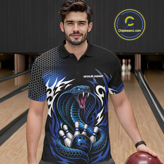 Custom Black And Blue Tribal Cobra Snake Bowling Jerseys Bowling Men Polo Shirt IPHW11711