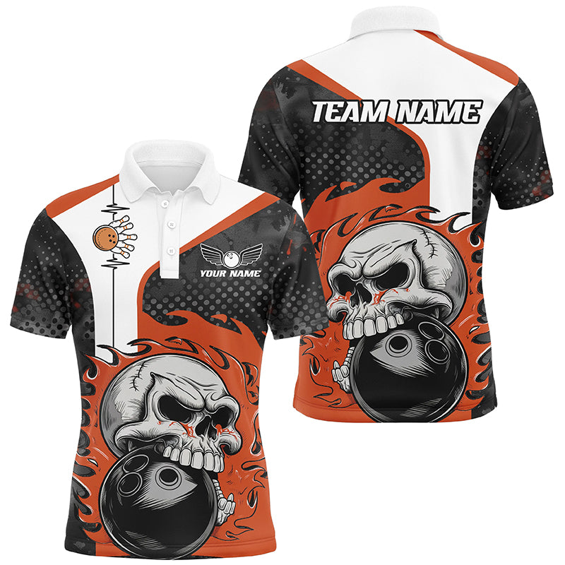 Custom Orange Flame Skull Bowling Shirts, Bowling Team Polo Shirt For Men Outfit Bowling IPHW6757