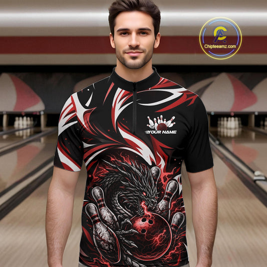 Custom Red Lightning Dragon Bowling Men Quarter-Zip Shirts, Dragon Bowling League Shirt IPHW10356