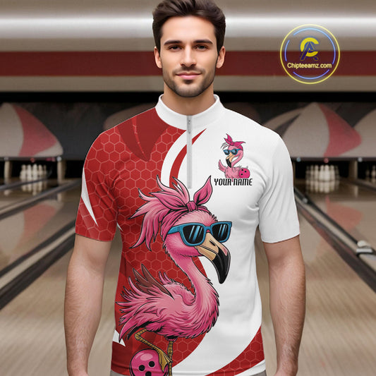 Custom Funny Red Flamingo Bowling Men Quarter-Zip Shirt, Bowling League Bowlers Outfit IPHW10681