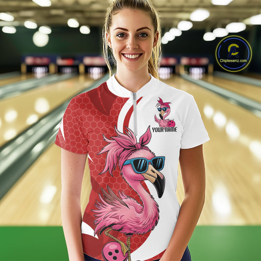 Custom Funny Red Flamingo Bowling Women Quarter-Zip Shirt, Bowling League Outfit IPHW10681