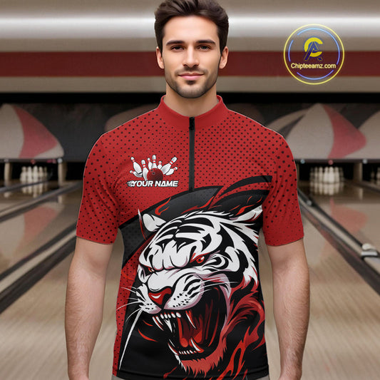 Custom Black And Red Tiger Bowling Team Quarter-Zip Shirts For Men, Bowling League Shirt IPHW9019