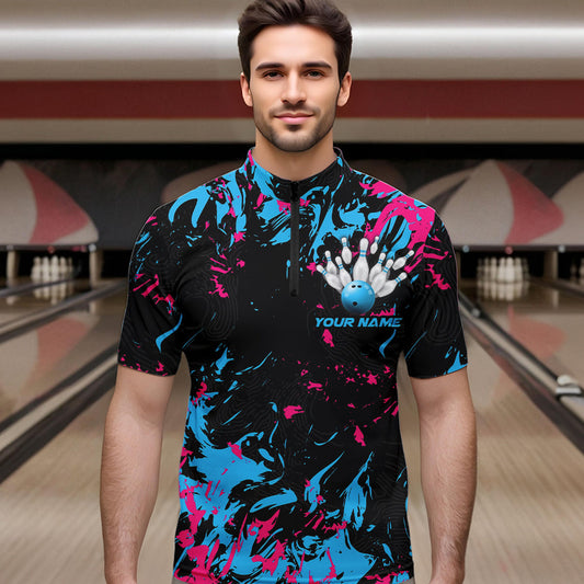 Black, Blue And Pink Custom Bowling Team Men Quarter-Zip Shirts, Bowling Ball And Pin Jerseys IPHW8795