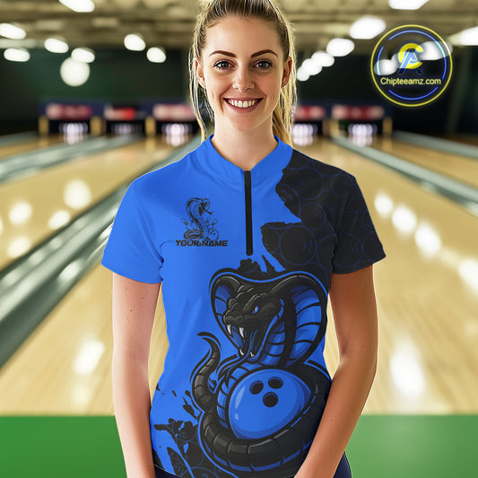 Custom Black And Blue Cobra Snake Bowling Women Quarter-Zip Shirts Team Uniform IPHW9031