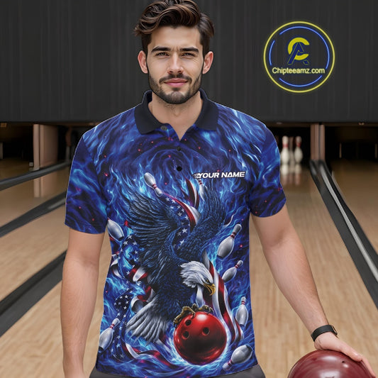 Front view male model in a bowling lane wearing a bowling polo shirt with eagle artwork, bowling ball, flowing flag accents, and pins.