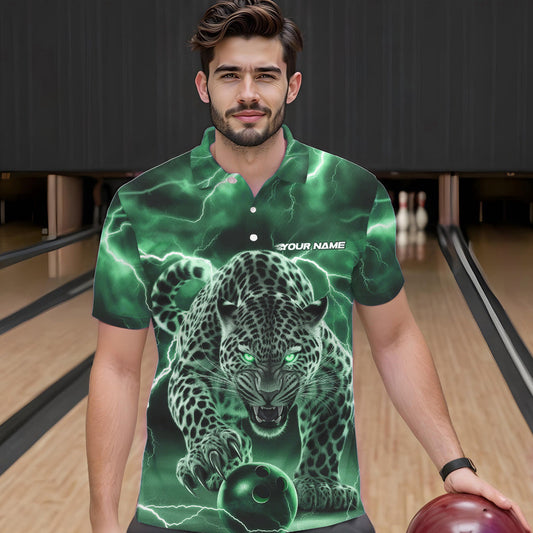 Green Thunder Lightning Custom Leopard Bowling Polo Shirts For Men, Bowling League Shirt IPHW8320