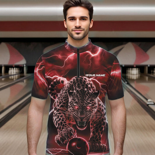 Red Thunder Lightning Custom Leopard Bowling Quarter-Zip Shirts For Men, Bowling League Shirt IPHW8321