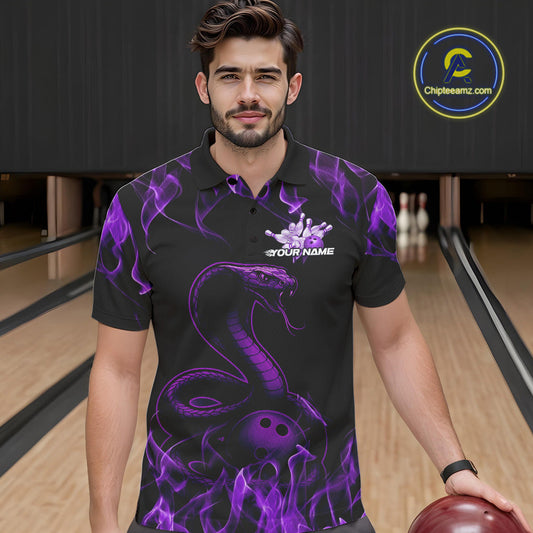 Custom Black And Purple Flame Cobra Snake Bowling Men Polo Shirts, Bowling League Shirt IPHW9041