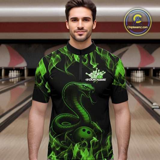 Custom Black And Green Flame Cobra Snake Bowling Men Quarter-Zip Shirts, Bowling League Shirt IPHW9043