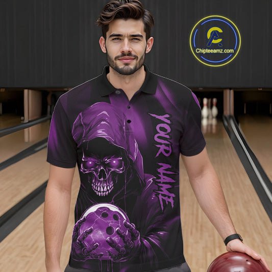 Purple Bowling Grim Reaper Custom Men Bowling Polo Shirts Skull Bowling Team Jerseys IPHW10699