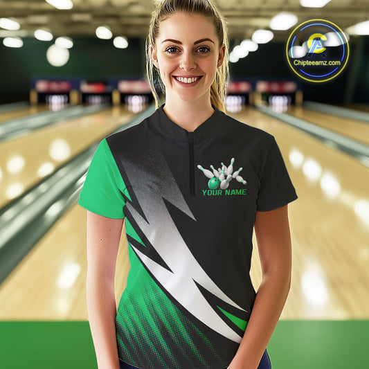 Black And Green Custom Bowling Jerseys, Women Quarter-Zip Shirt Bowling Tournament Outfit IPHW9079