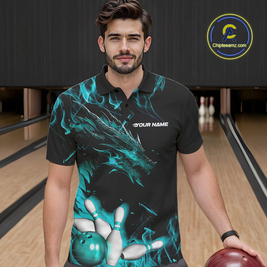 Custom Black And Blue Flame Dragon Bowling Team Men Polo Shirts, Bowling League Shirt IPHW9334