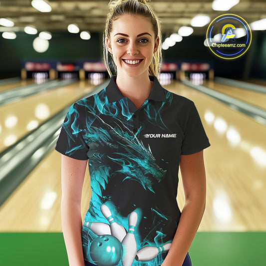 Custom Black And Blue Flame Dragon Bowling Team Women Polo Shirts, Bowling League Shirt IPHW9334