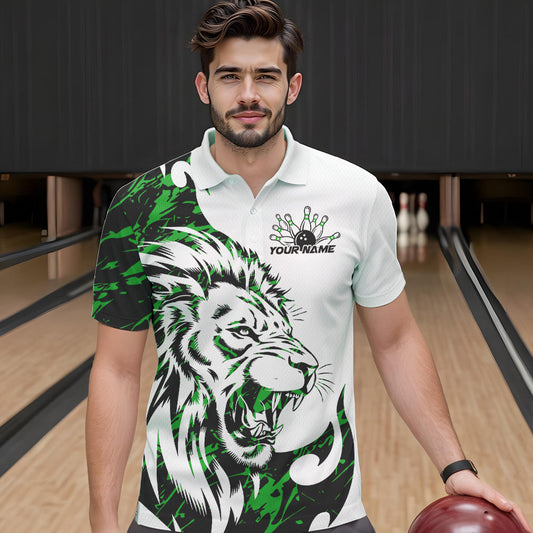 Custom Green Camo Lion Bowling Team Polo Shirts For Men, Lion Bowling League Shirt IPHW8857