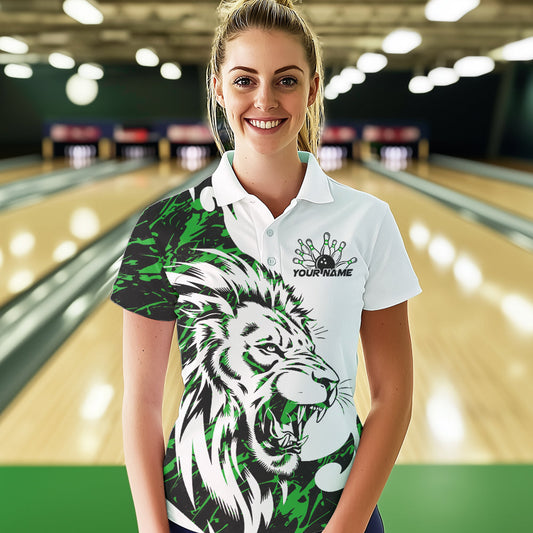 Custom Green Camo Lion Bowling Team Polo Shirts For Women, Lion Bowling League Shirt IPHW8857
