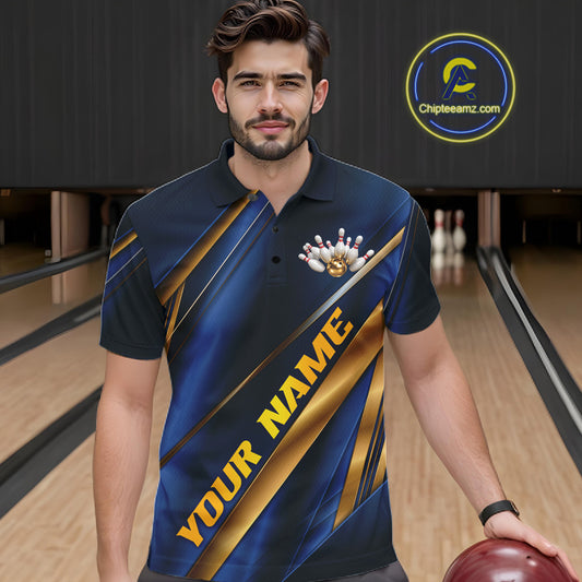 A man wearing a custom bowling polo shirt in a bowling alley. The shirt features a dark blue and gold diagonal striped pattern with a bowling pin graphic on the chest and the text 'YOUR NAME' printed diagonally.