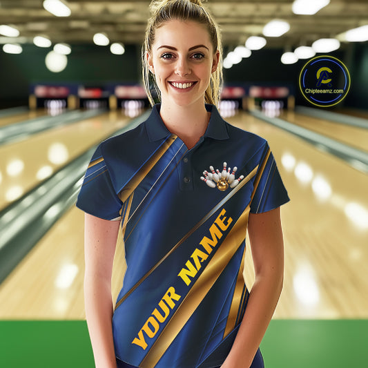 A woman stands in a bowling alley wearing a custom blue and gold bowling jersey with 'YOUR NAME' printed on the front. The background shows blurred bowling lanes, and a circular 'Chipsamz.