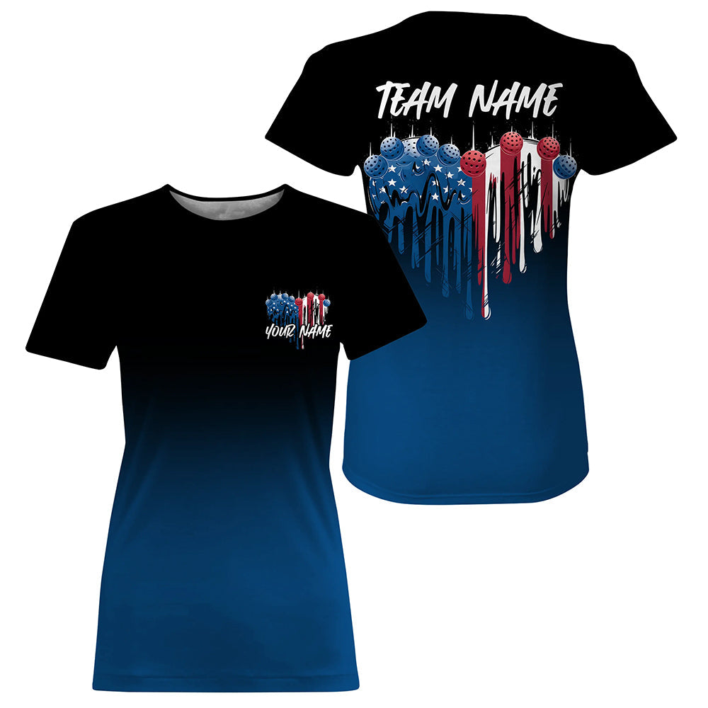 Custom Blue Patriotic Heart Pickleball T-Shirts For Women, US Flag Pickleball Team Shirt IPHW8130