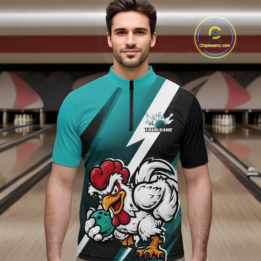 A man wearing a custom bowling jersey with a teal and black design, featuring a cartoon rooster mascot and the text 'Peach' and 'YOURNAME'. The background shows bowling lanes in a blurred indoor bowling alley.