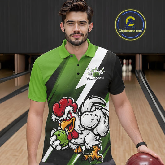 A man wearing a custom bowling polo shirt with a green and black design, featuring a cartoon rooster mascot and the text 'YOURNAME'