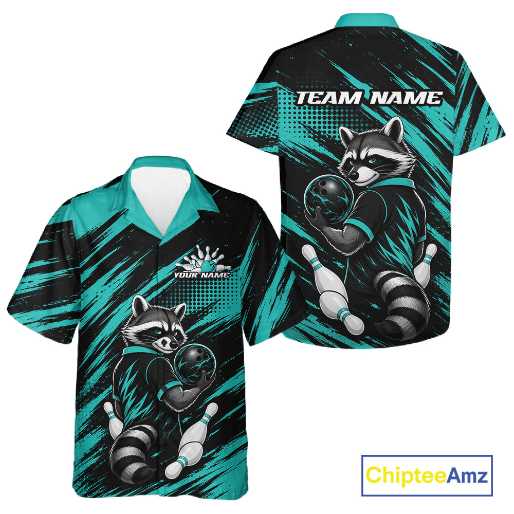 Custom Turquoise Blue Cool Looking Raccoon Bowling Jersey, Funny Bowling Men And Women Button Up Shirt IPHW11862