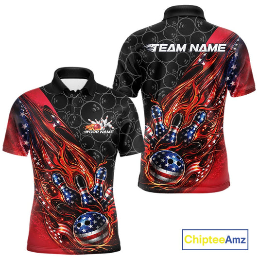 Custom Patriotic Flame Bowling Shirts, American US Flag Bowling Team Jerseys Freedom 4Th Of July Bowling Shirt IPHW10427