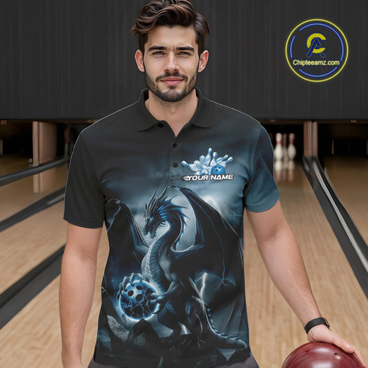Custom Black And Blue Thunder Lightning Dragon Bowling Men Polo Shirts, Team Outfit IPHW9099