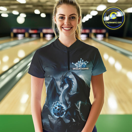 Custom Black And Blue Thunder Lightning Dragon Bowling Women Quarter-Zip Shirts IPHW9099
