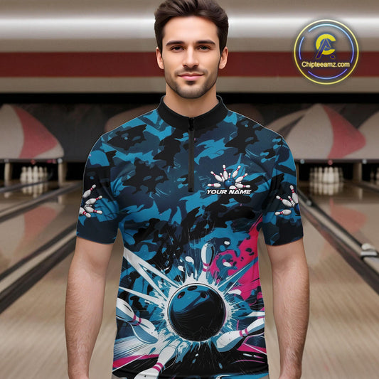 Custom Blue And Pink Camo Bowling Quarter-Zip Shirts For Men, Camouflage Bowling Team Outfit IPHW9833