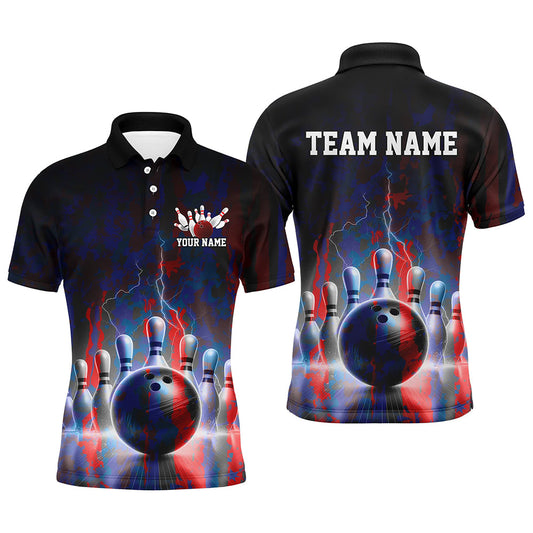 Electric Blue And Red Thunder Lightning Bowling Shirts For Men, Stormy Night Bowling Team Shirt IPHW7714