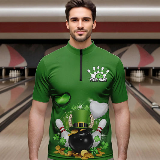 Custom Green St Patrick'S Day Bowling Quarter-Zip Shirts For Men, Saint Patrick Team Bowling Outfits IPHW8373