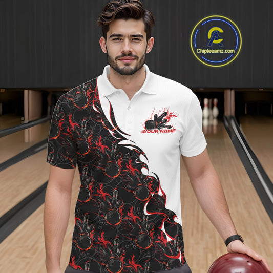 Front view of a male model in a bowling lane wearing a white polo shirt with red and black flame bowling pattern and dynamic bowling action visuals.