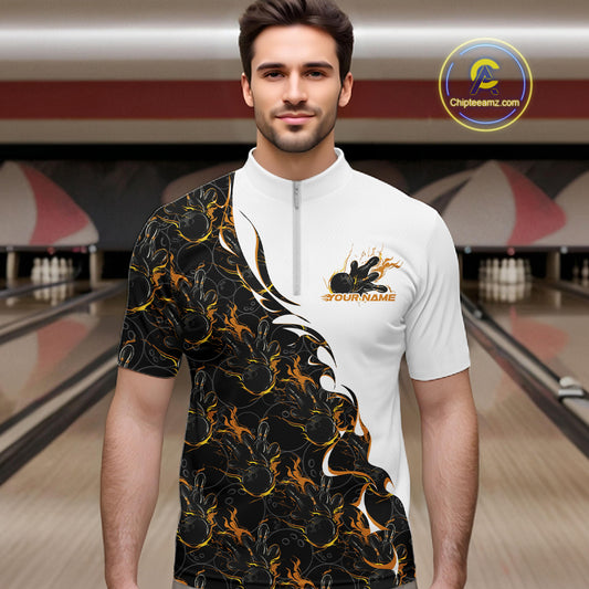 Male model in a bowling lane wearing white quarter zip shirt, front view showcasing yellow and black flame pattern with dynamic bowling-themed graphics