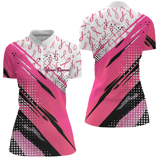 Customized Name Pink Ribbon Breast Cancer Awareness Polo Shirts For Women Outfits IPHW7126