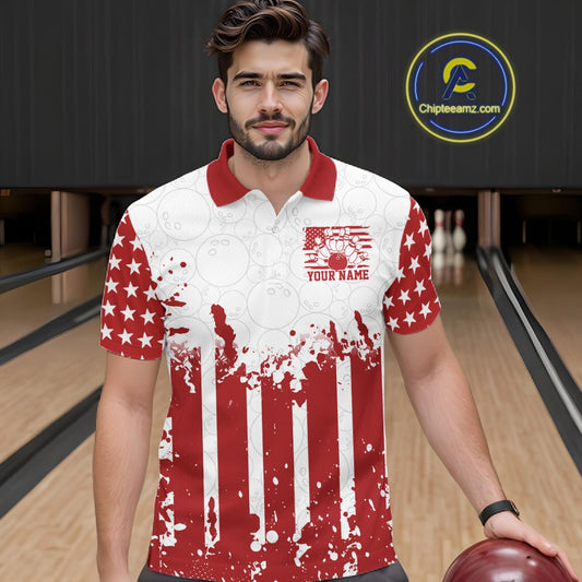 Man wearing a red and white sports jersey with an American flag design on a bowling alley.