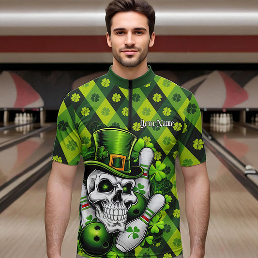 Custom St Patricks Day Skull Bowling Quarter-Zip Shirts For Men, Green Shamprock Lucky Team Shirt IPHW8581