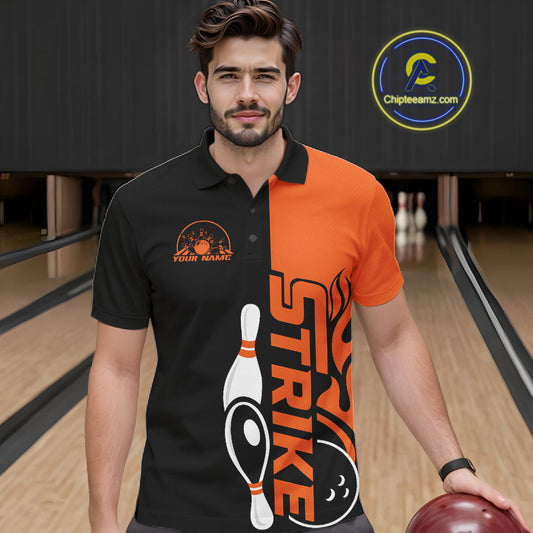Custom Black And Orange Flame Strike Bowling Men Polo Shirt, Bowling Tournament Shirt IPHW10250