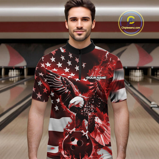 Custom Red Flaming American Flag Eagle Bowling Team Men Shirt, Patriotic Bowlers Outfit IPHW10779