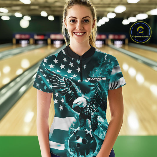 Custom Blue Flaming American Flag Eagle Bowling Women Shirt, Patriotic Bowlers Outfit IPHW10780