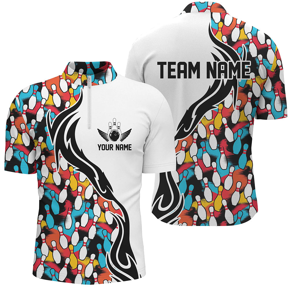 Colorful Bowling Pins Custom Bowling Polo Shirts For Men, Flame Bowling Outfits For Bowlers IPHW6951