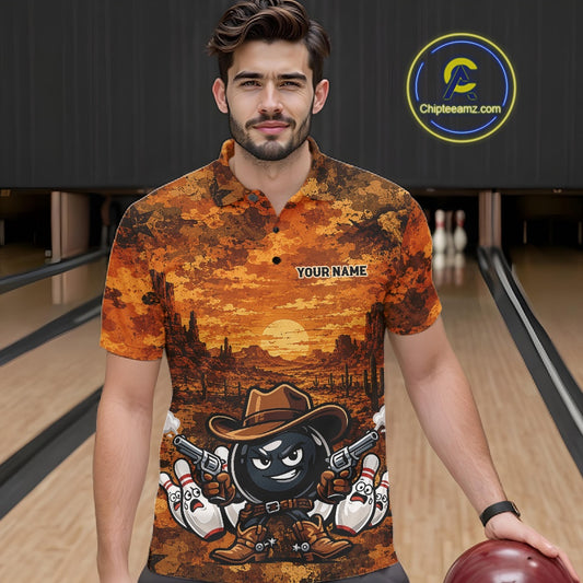 A man wearing a short-sleeve button-up shirt with a desert sunset graphic and a cartoon bowling ball character, standing in a bowling alley holding a bowling ball. A circular 'chipteamz.