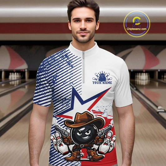 A man wearing a short-sleeve custom-printed quarter-zip athletic jersey in a bowling alley setting. The jersey features a split design with a blue-and-white striped pattern on the right side, a white left side with a blue crown logo and 'YOUR NAME' text, and a large cartoon bowling ball character wearing a cowboy hat and boots on the front.
